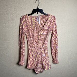 Out From Under Womens XS Pink Yellow Scoop Neck Long Sleeve Fuzzy Romper Flirty